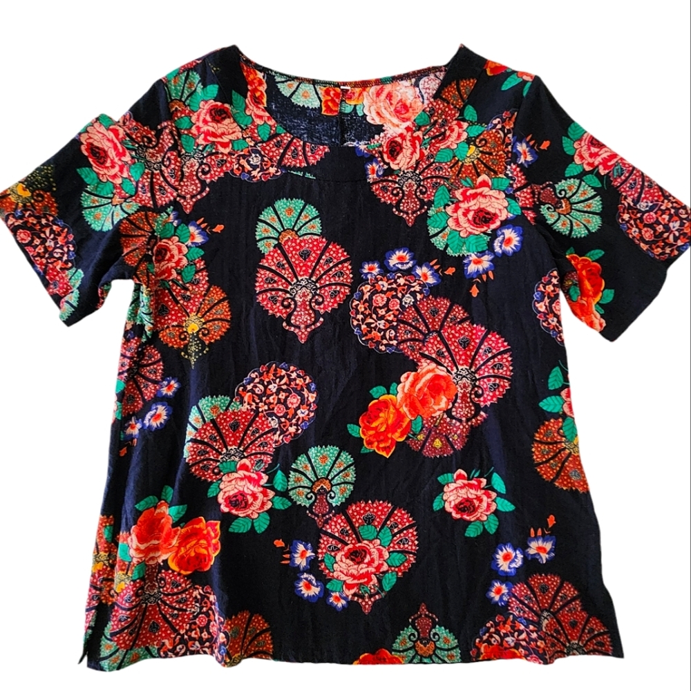 Colorful Floral Short Sleeve Top Size L
